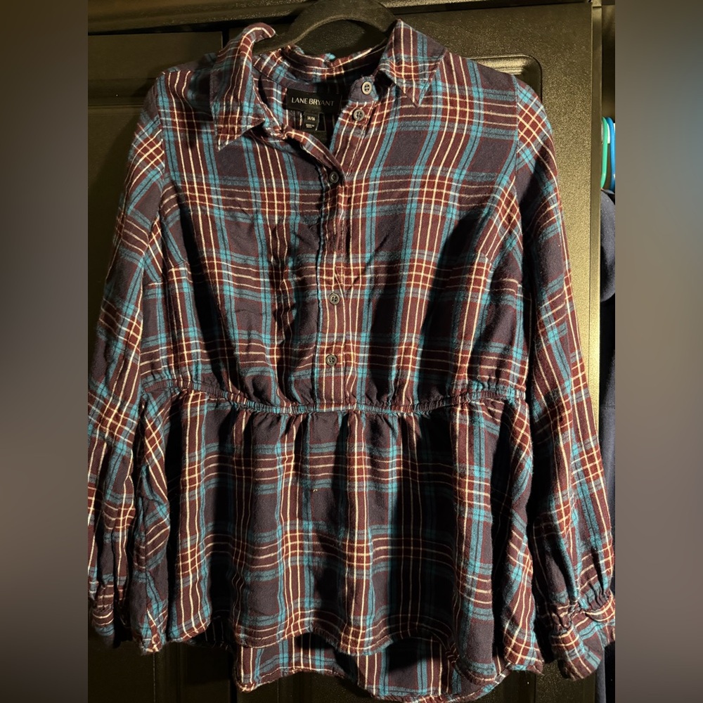 Lane Bryant Multicolor Peplum Plaid Shirt 14/16 Soft Comfortable